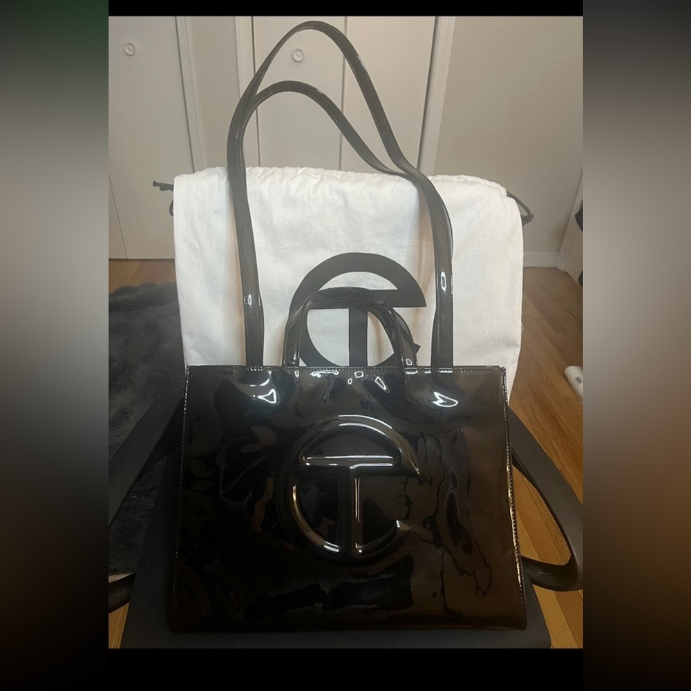 TELFAR Black Medium Patent Leather Tote Bag